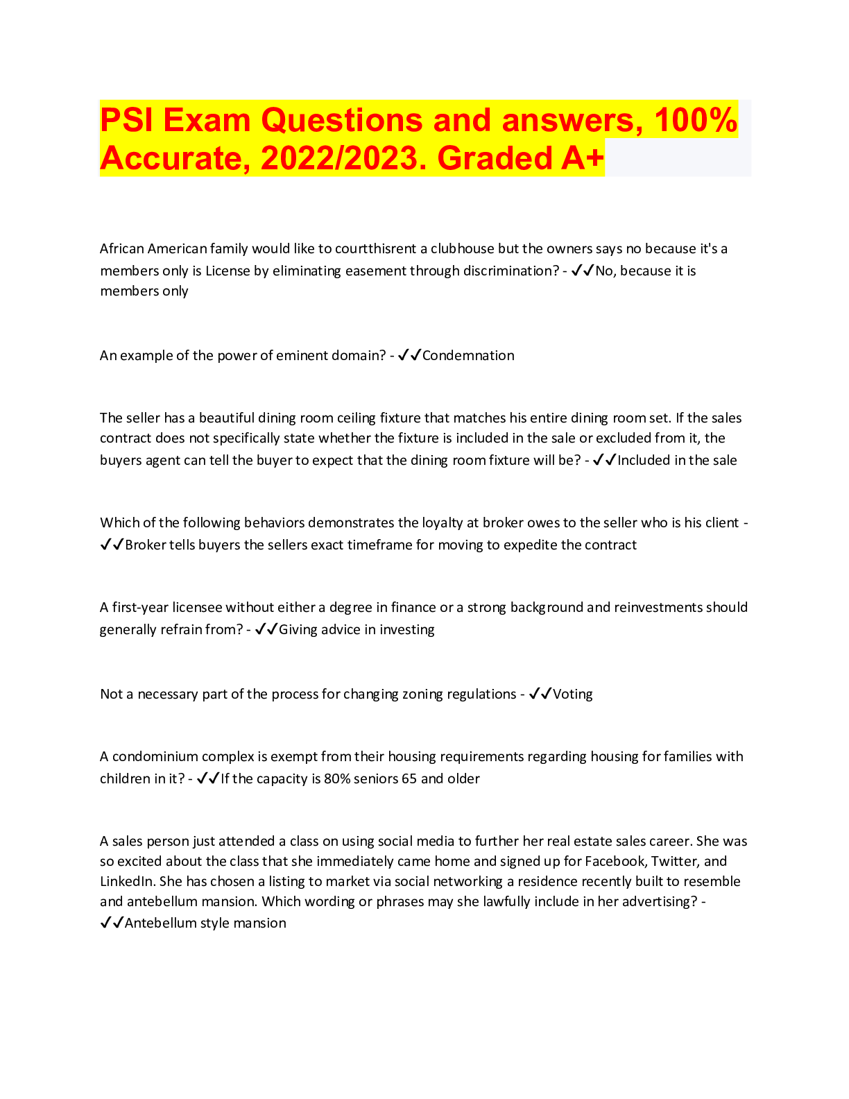 PSI Exam Questions and answers, 100 Accurate, 2022/2023. Graded A+